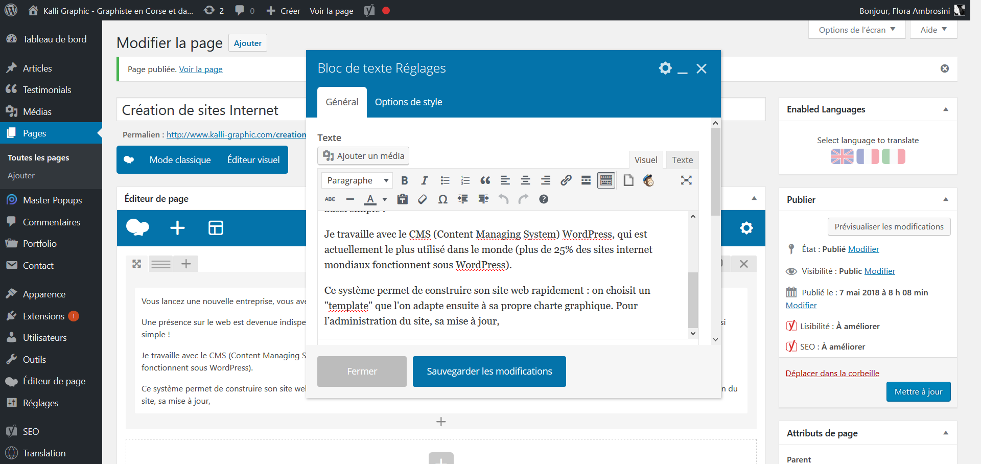 Interface de l'administration WordPress