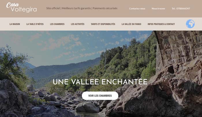 Page d'accueil du site Casa Voltegira, maison d'hôtes en Corse. Site responsive avec réservation et paiement sécurisé en ligne